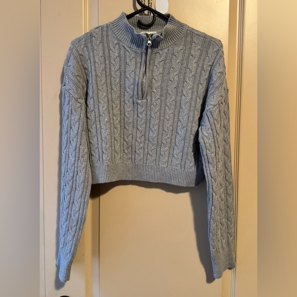 Sitch & pine Elegant Gray Cable cropped Knit Turtleneck Sweater